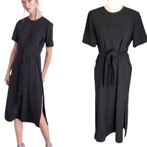 Zara Black Tie Waist Bow Detail Sheath Midi Dress - M